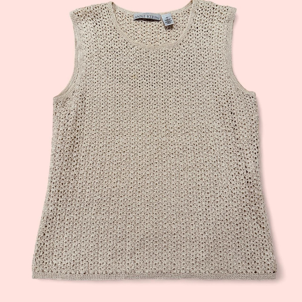 Coquette Cottage Boho Grannycore Beige Crochet Knit Sleeveless Top Anne Klein S